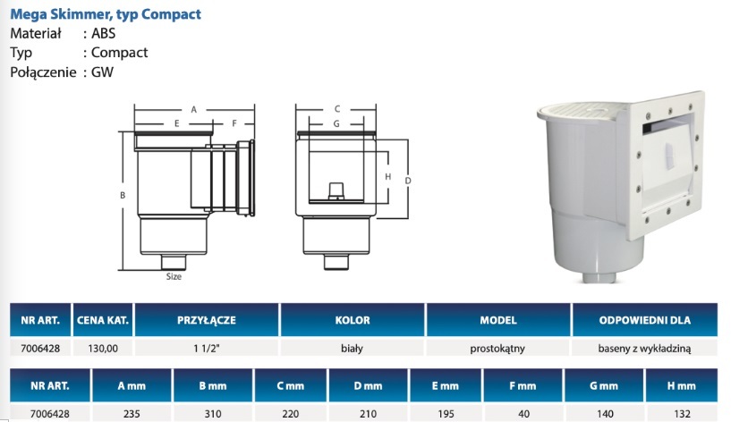 Skimmer prostokątny basen folia Compact